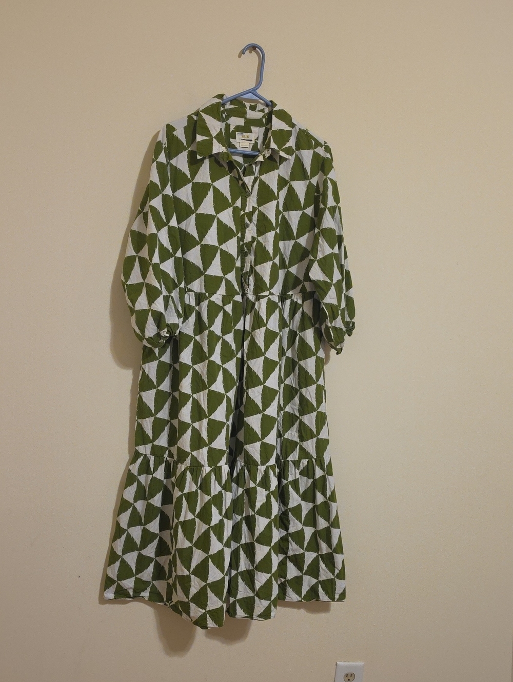 Maeve Olive Green & White Geometric Midi Shirt Dress